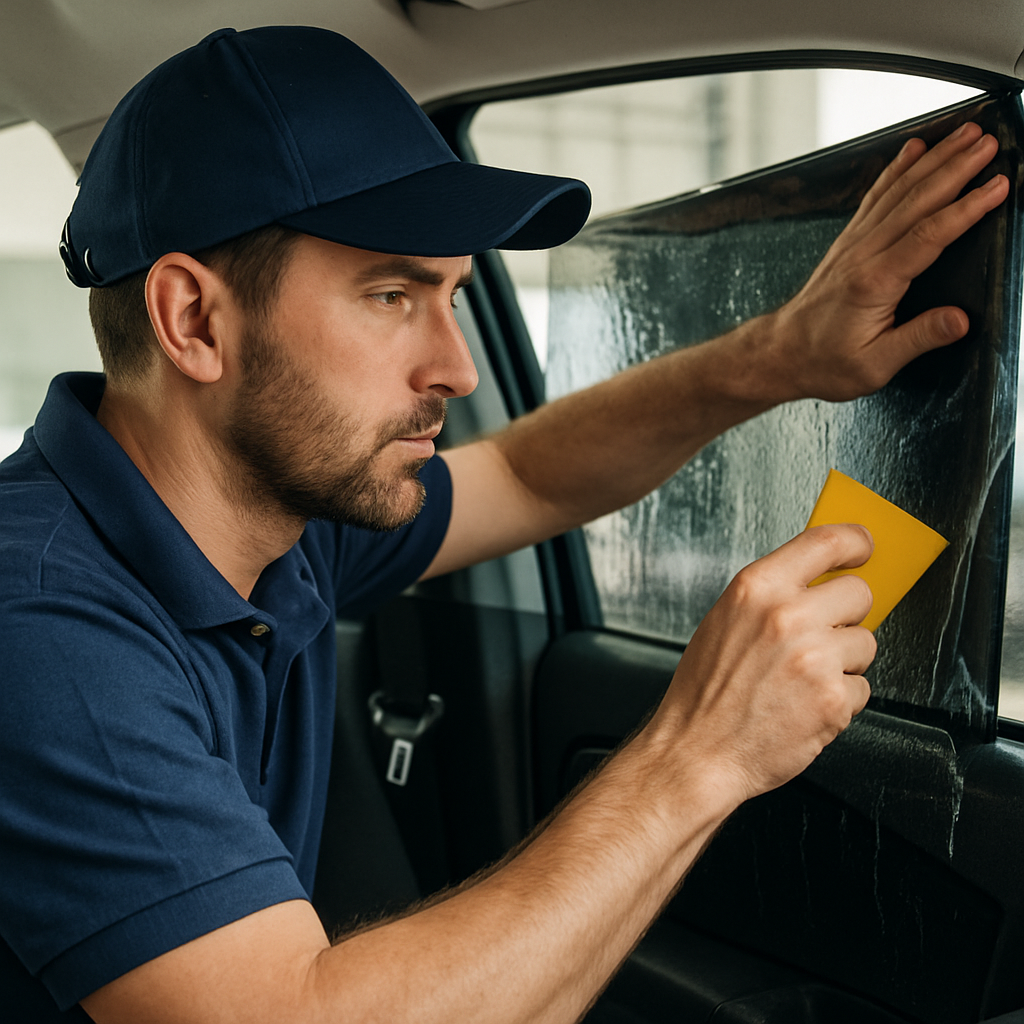Professional window tint installer at work