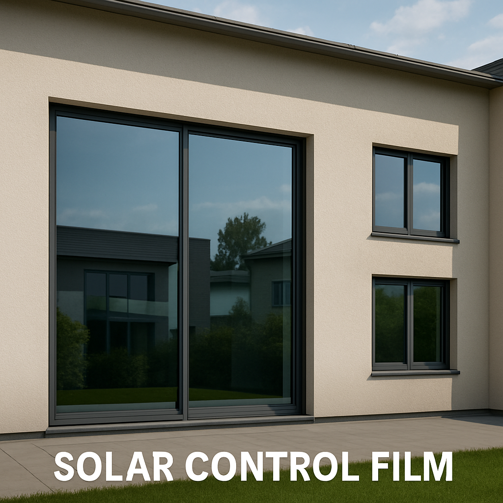 Solar control film on windows of a modern home
