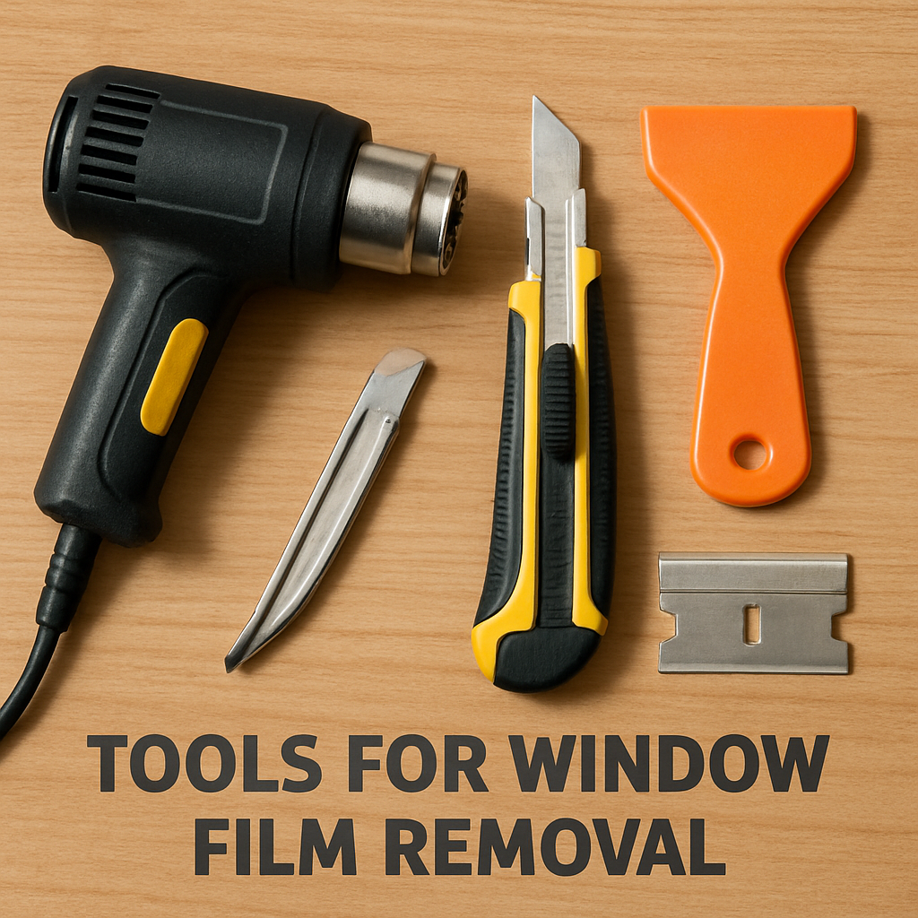 Tools for window film removal including a heat gun and utility knife