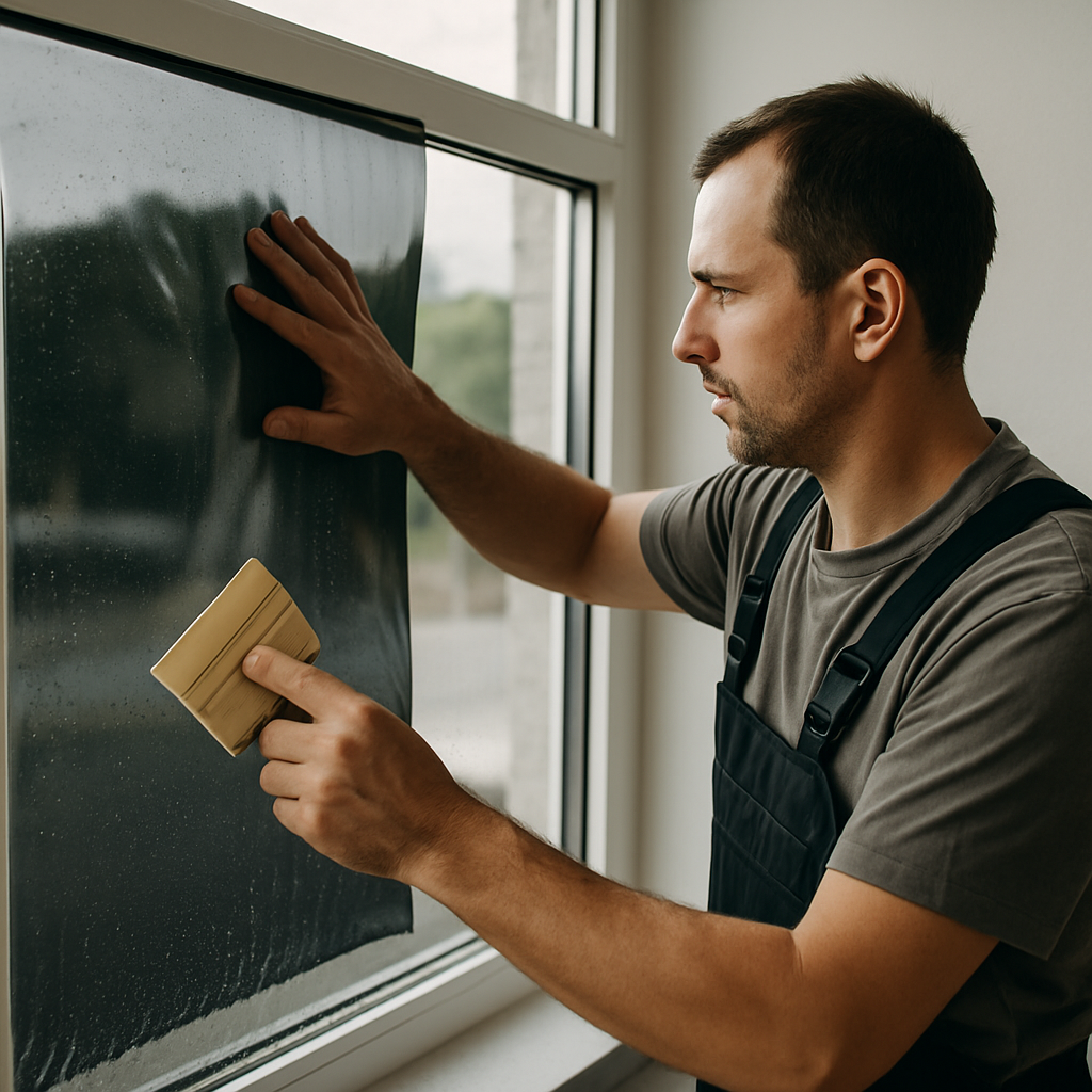 Professional installer applying window film