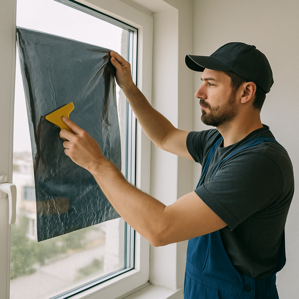 Professional installing UV window film on a large window