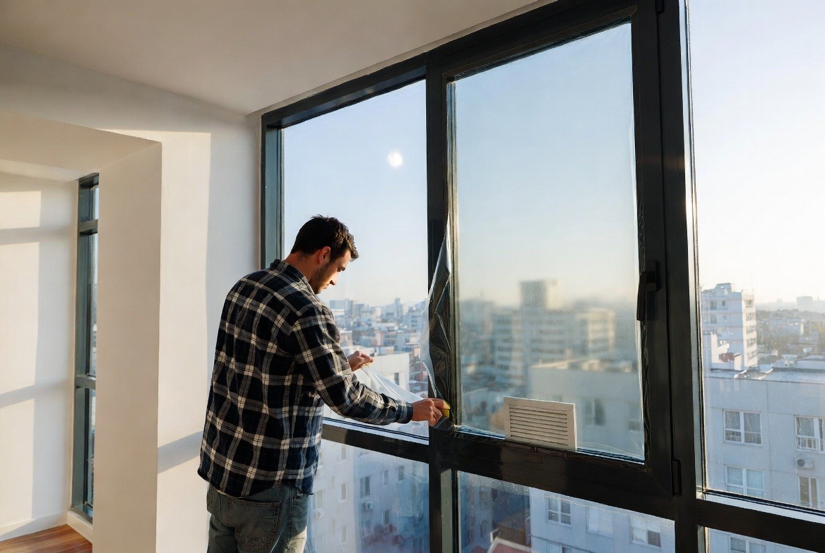 person-installing-solar-window-film-on-glass